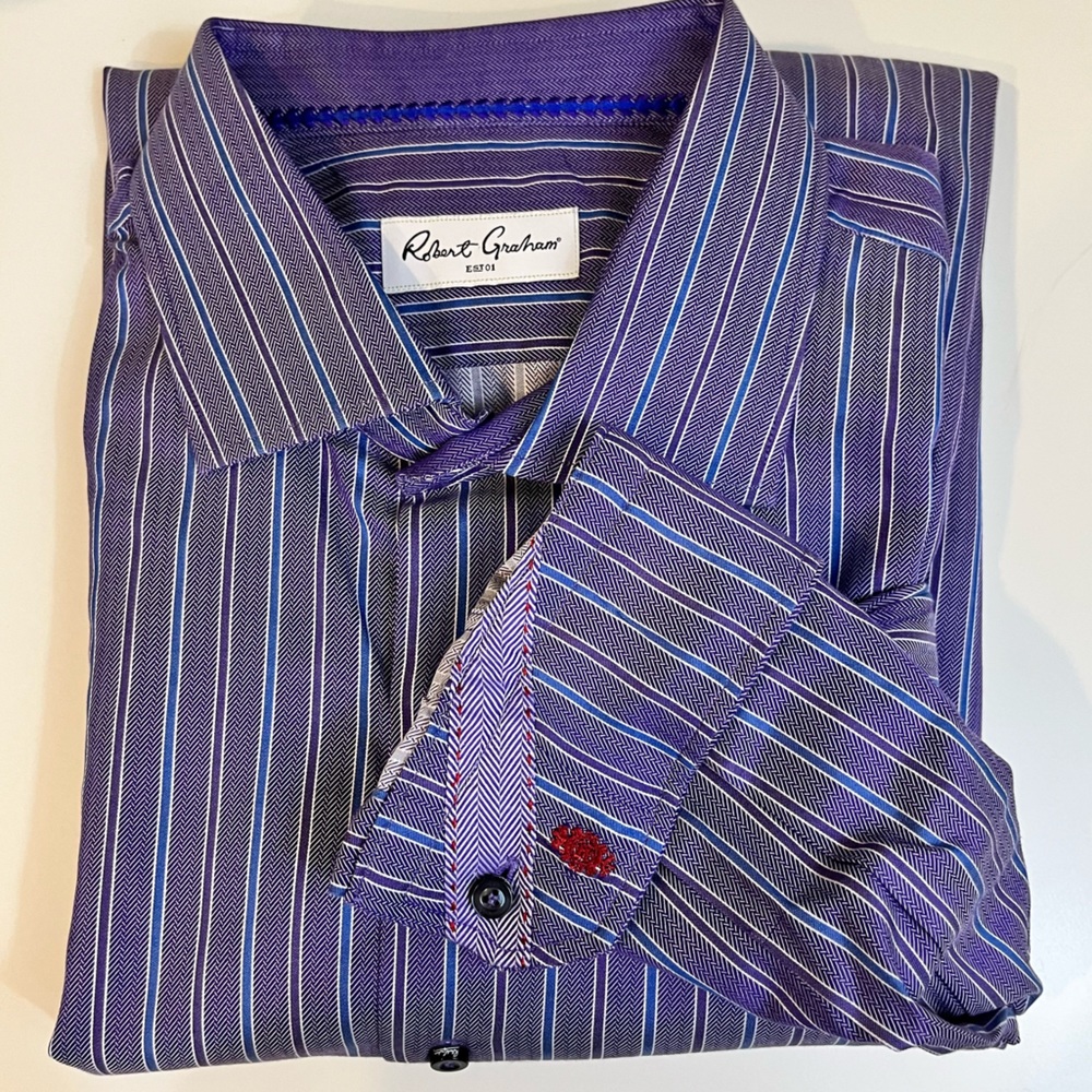 Robert Graham 100% Cotton Purple & Blue Stripe Button Down Long Sleeve Shirt XXL